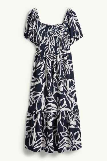 Dona - Vestit fit & flare - de flors - texturat - frunzit - blau fosc / blanc trencat