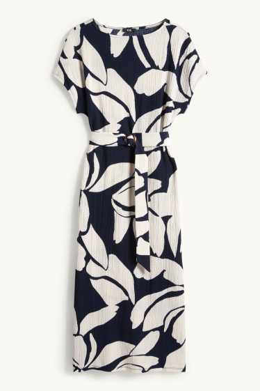 Femmes - Robe à ceinture - à fleurs - texturée - bleu  / beige