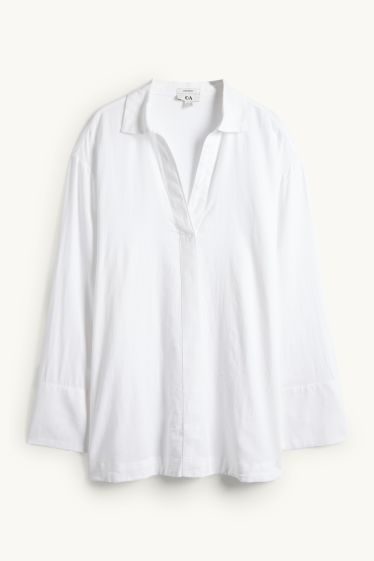 Femmes - Chemisier à col en V - lin mélangé - blanc