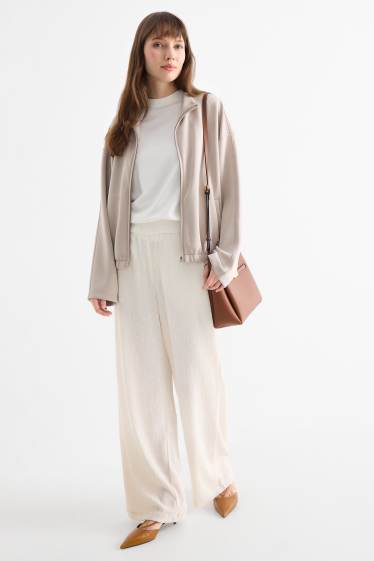 Mujer - Pantalón de jersey - mid waist - wide leg - con textura - beige claro