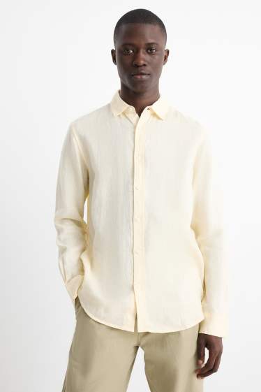 Heren - Linnen overhemd - regular fit - kent - lichtgeel