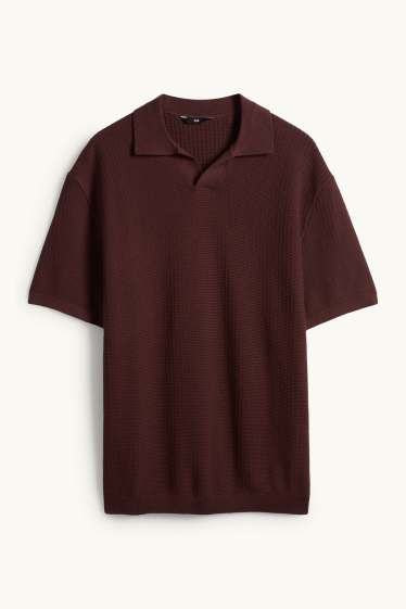 Heren - Gebreid poloshirt - relaxed fit - met structuur - bordeaux