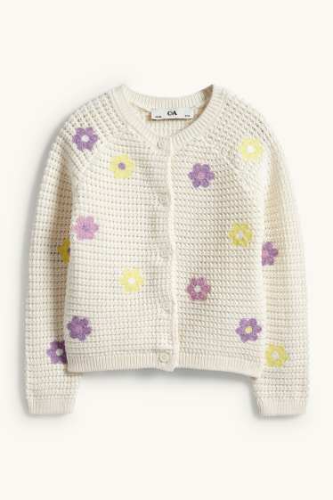 Enfants filles - Fleurs - gilet en maille - finition texturée - blanc crème