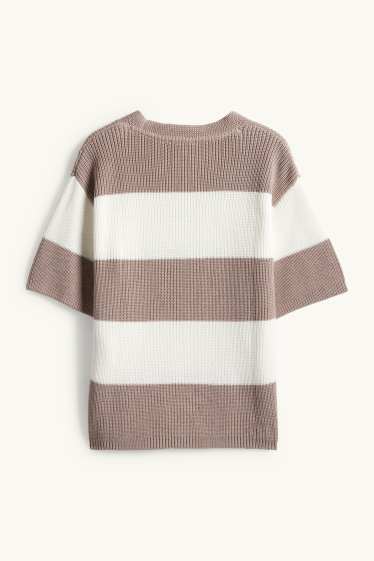 Donna - Maglione - a maniche corte - a coste - a righe - bianco / beige