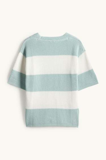 Women - Knitted jumper - short sleeve - ribbed - striped - mint green