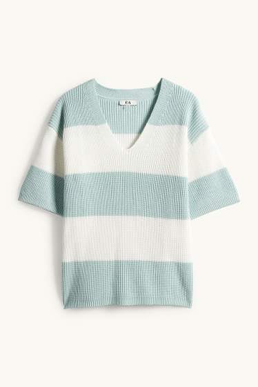 Women - Knitted jumper - short sleeve - ribbed - striped - mint green