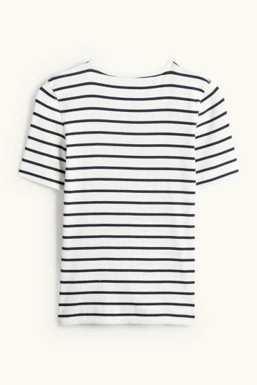 Damen - T-Shirt - Slim Fit - gerippt - gestreift - weiss / schwarz