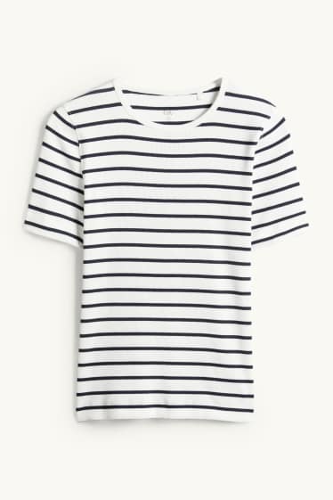 Damen - T-Shirt - Slim Fit - gerippt - gestreift - weiss / schwarz