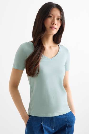 Femmes - T-shirt à col V - slim fit - vert menthe