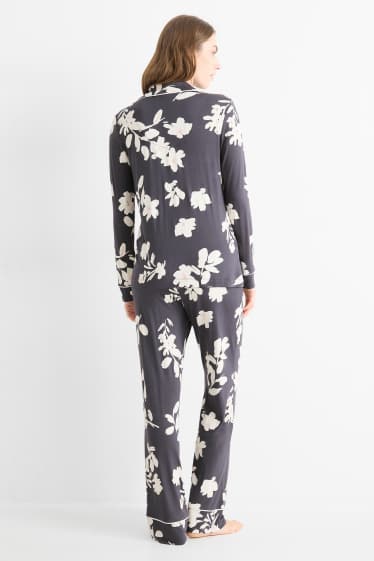 Women - Viscose pyjamas - floral - dark blue / creme white