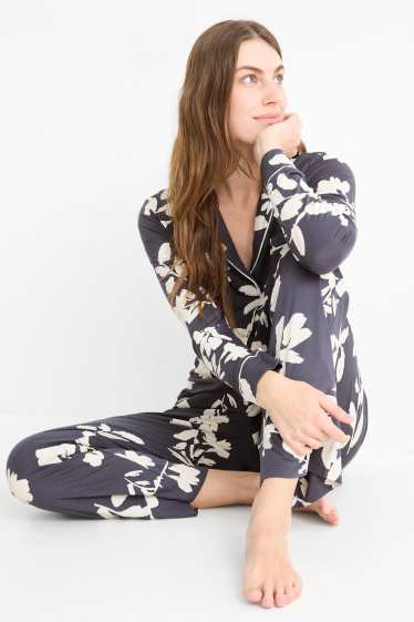 Women - Viscose pyjamas - floral - dark blue / creme white
