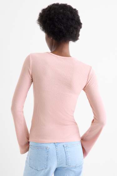 Dámské - Tričko s dlouhým rukávem - slim fit - žebrované - růžová