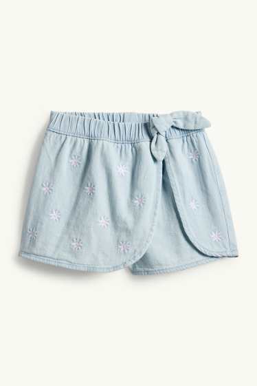 Copii - Fete - Floare - fustă-pantalon scurtă cu nod - aspect de jeans - albastru deschis