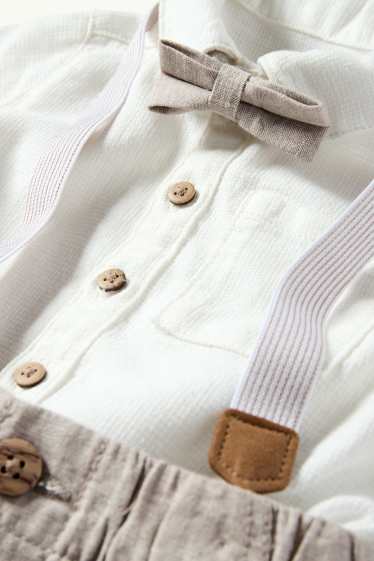 Baby Jungen - Baby-Outfit mit Hosenträgern - 3 teilig - festlich - weiss / beige