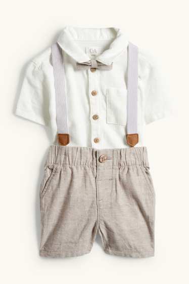 Baby Jungen - Baby-Outfit mit Hosenträgern - 3 teilig - festlich - weiss / beige