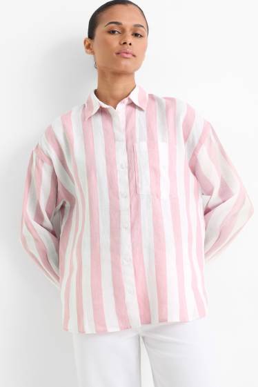 Damen - Leinen-Hemdbluse - gestreift - weiß / rosa