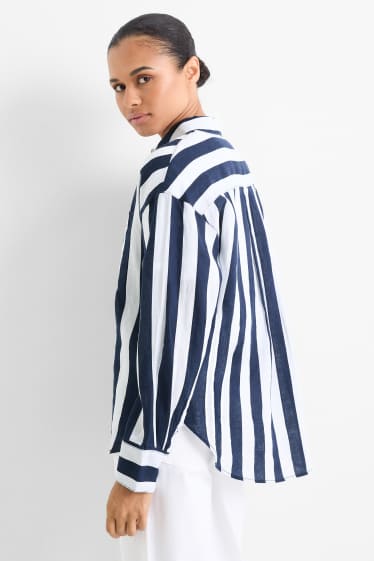 Mujer - Blusa camisera de lino - de rayas - azul oscuro / blanco