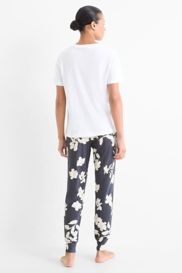 Dona - Pantalons de pijama de viscosa - de flors - blau fosc / blanc trencat