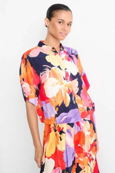 Dámské - Košilová halenka - s květinovým vzorem - strukturovaná - barevná