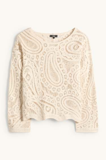 Damen - Crochet-Pullover - cremeweiß