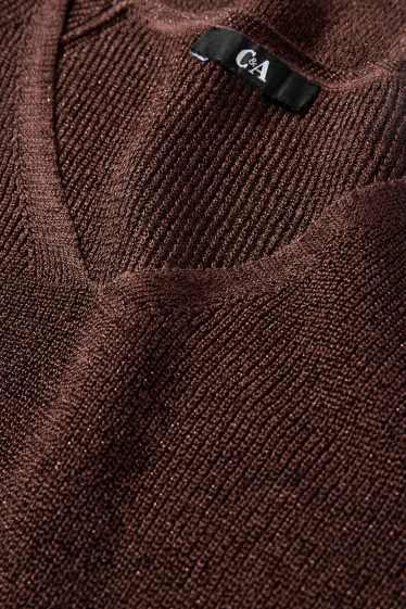 Women - Knitted jumper - short sleeve - shiny - dark brown