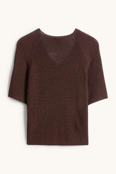Women - Knitted jumper - short sleeve - shiny - dark brown