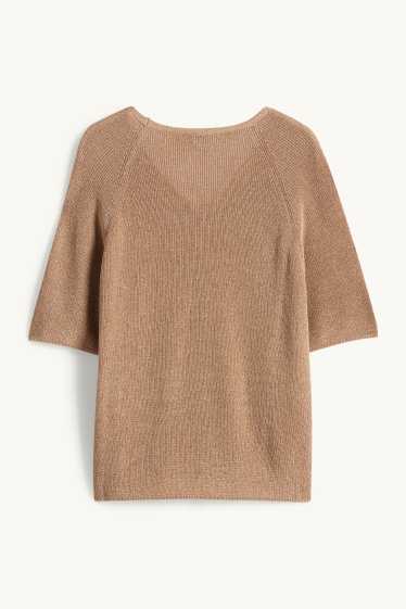 Women - Knitted jumper - short sleeve - shiny - light brown