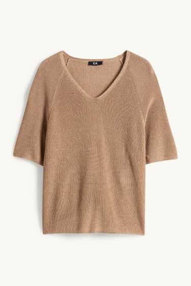 Women - Knitted jumper - short sleeve - shiny - light brown