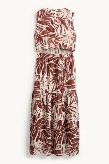 Dames - Fit & flare-jurk - linnenmix - met patroon - bruin / crème wit