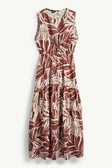 Dames - Fit & flare-jurk - linnenmix - met patroon - bruin / crème wit