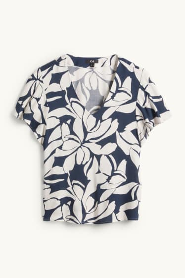 Femmes - Chemisier à col V - à fleurs - bleu foncé / blanc crème