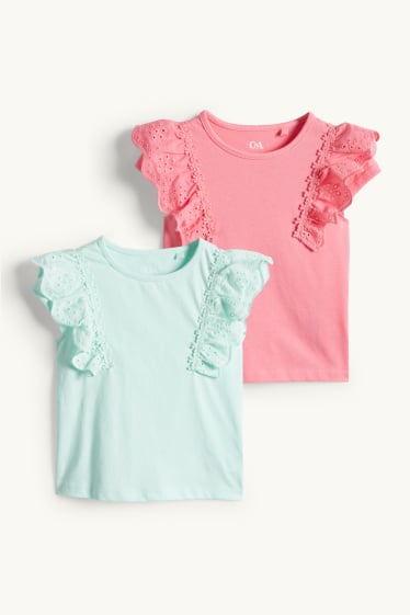Kinderen: meisjes - Set van 2 - T-shirt - Broderie Anglaise - fuchsiarood