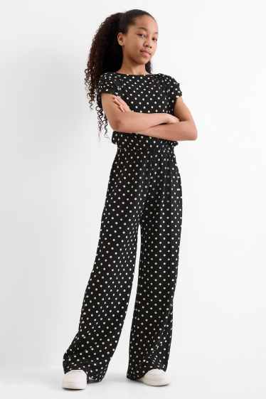 Children Girls - Jumpsuit - polka dot - textured - black / white
