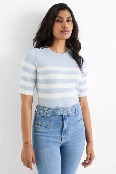 Women - Knitted jumper - short sleeve - striped - white / light blue