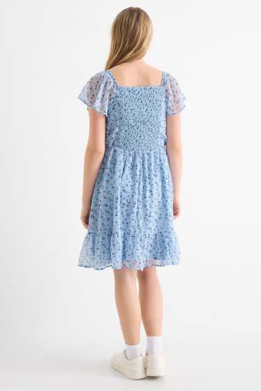 Kinder Mädchen - Blume - Chiffon-Kleid - gesmokt - hellblau