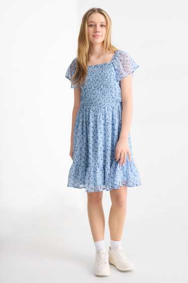 Kinder Mädchen - Blume - Chiffon-Kleid - gesmokt - hellblau