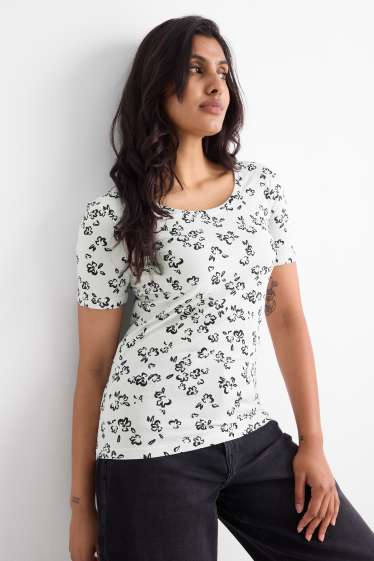 Dámské - Tričko - slim fit - s květinovým vzorem - bílá/černá