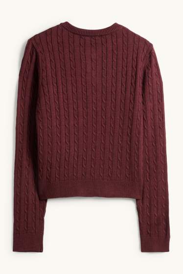 Femmes - Gilet en maille - motif tressé - bordeaux