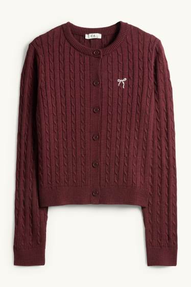 Femmes - Gilet en maille - motif tressé - bordeaux