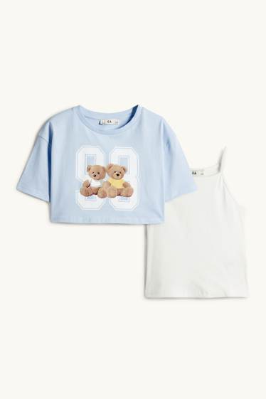 Copii - Fete - Ursuleț de pluș - set - tricou cu mânecă scurtă și top - 2 piese - albastru deschis