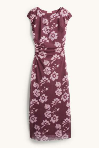 Femmes - Robe en maille-filet - à fleurs - bordeaux