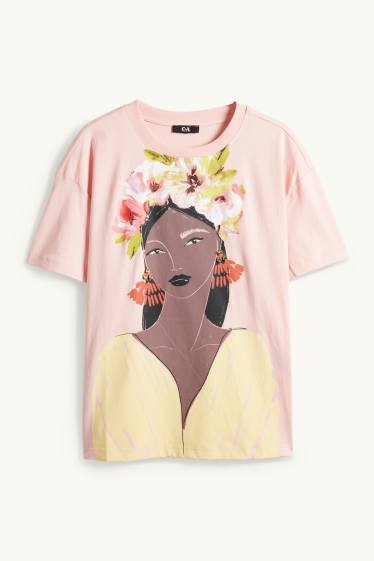 Damen - T-Shirt mit Strasssteinen - Relaxed Fit - rosa