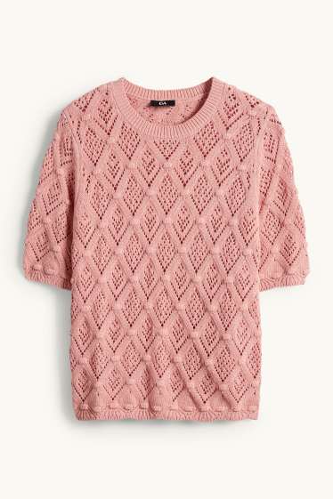 Femei - Pulover tricotat - mânecă scurtă - roz închis
