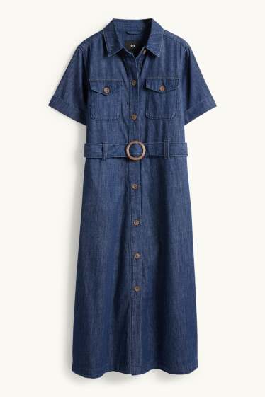 Femei - Rochie tip bluză din denim cu curea - albastru închis