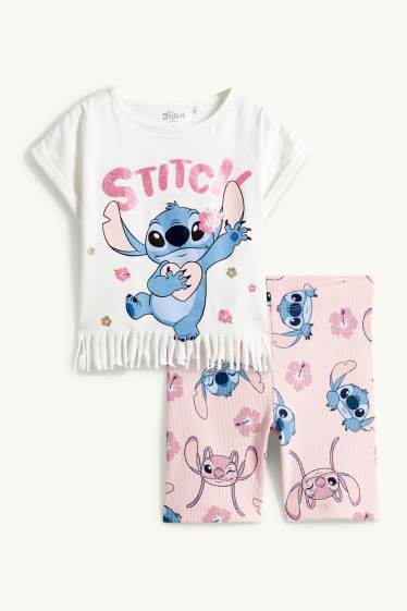 Kinder Mädchen - Lilo & Stich - Set - Kurzarmshirt und Radlerhose - 2 teilig - weiß / rosa
