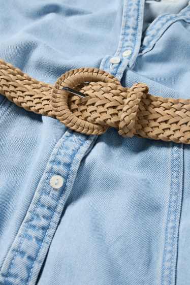 Donna - Vestito di jeans a camicia con scollo a V e cintura - azzurro