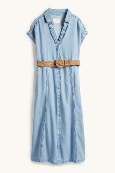 Donna - Vestito di jeans a camicia con scollo a V e cintura - azzurro