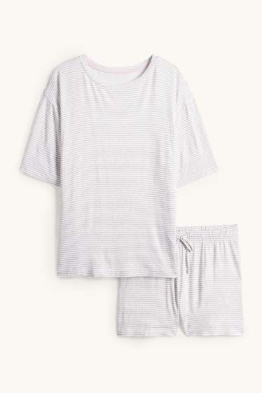 Femei - Pijama scurtă din viscoză - cu dungi - gri deschis