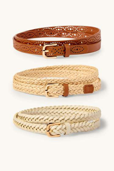 Donna - Confezione da 3 - cintura - similpelle - marrone / bianco crema