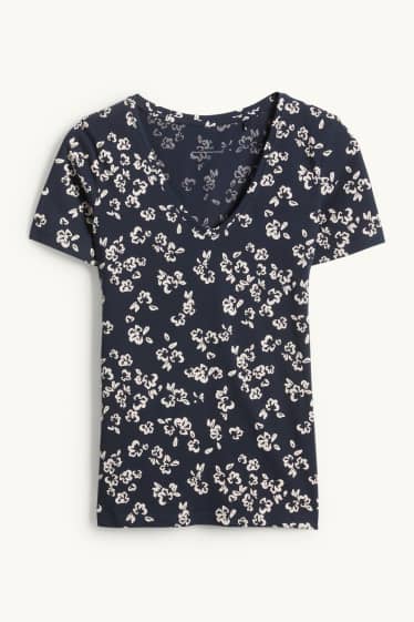 Donna - T-shirt con scollo a V - slim fit - a fiori - blu scuro